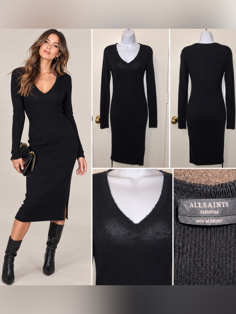All Saints Black V-Neck Long Sleeve Midi Dress
